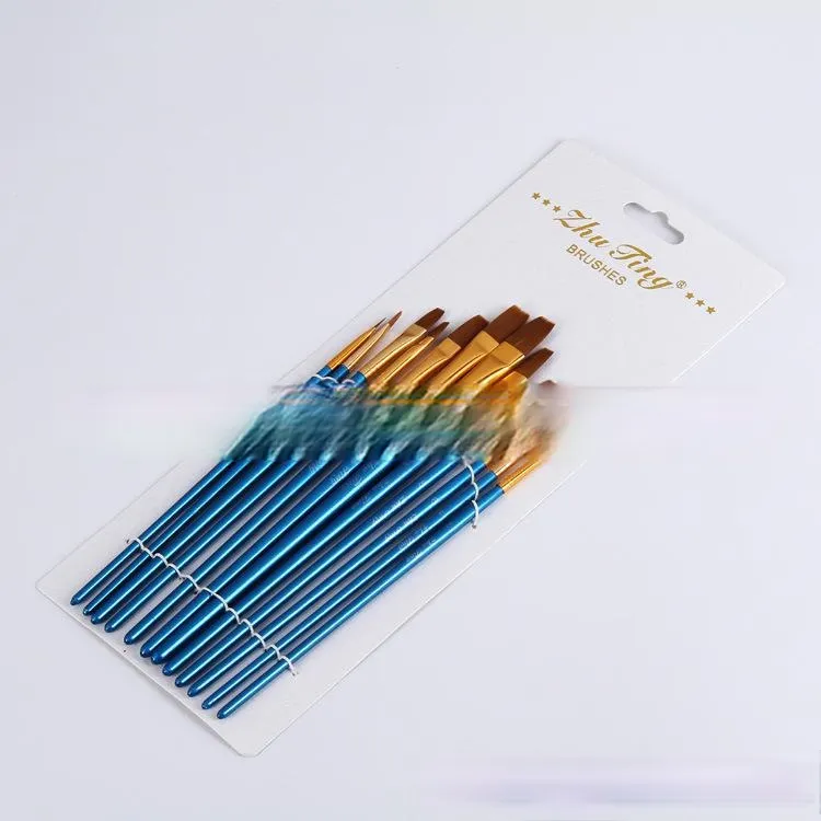 12 Nylon Hair Flat Head Blue Rod Oil Painting Writing Brush for Art