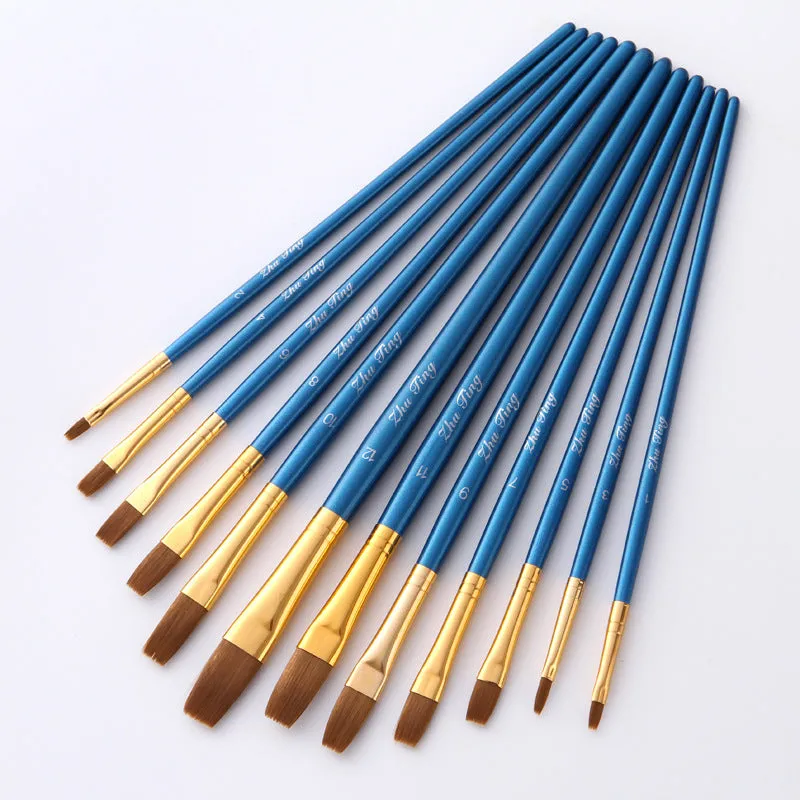 12 Nylon Hair Flat Head Blue Rod Oil Painting Writing Brush for Art