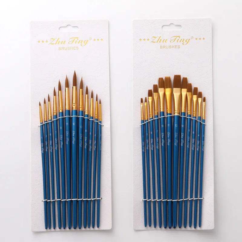 12 Nylon Hair Flat Head Blue Rod Oil Painting Writing Brush for Art