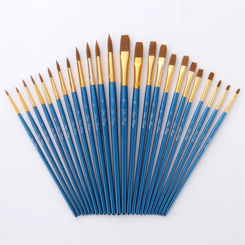 12 Nylon Hair Flat Head Blue Rod Oil Painting Writing Brush for Art