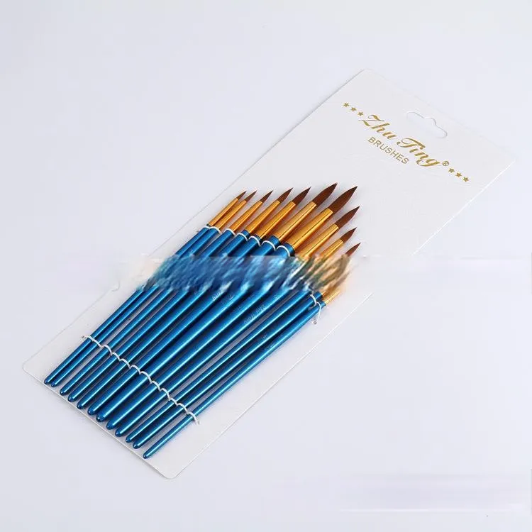 12 Nylon Hair Flat Head Blue Rod Oil Painting Writing Brush for Art