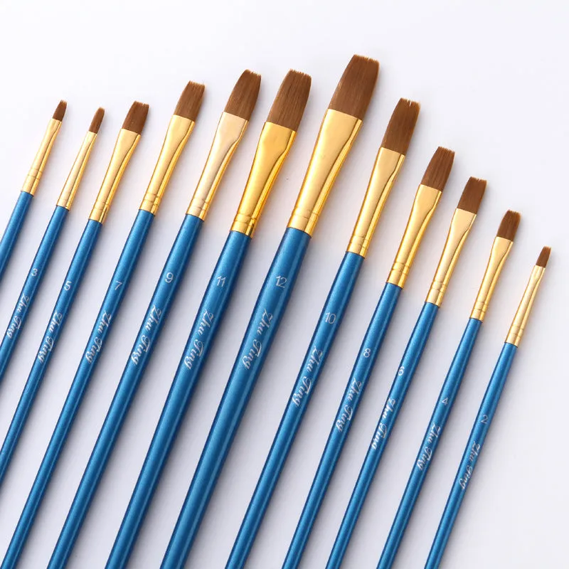 12 Nylon Hair Flat Head Blue Rod Oil Painting Writing Brush for Art