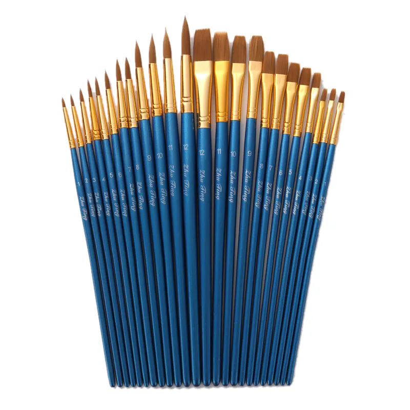 12 Nylon Hair Flat Head Blue Rod Oil Painting Writing Brush for Art