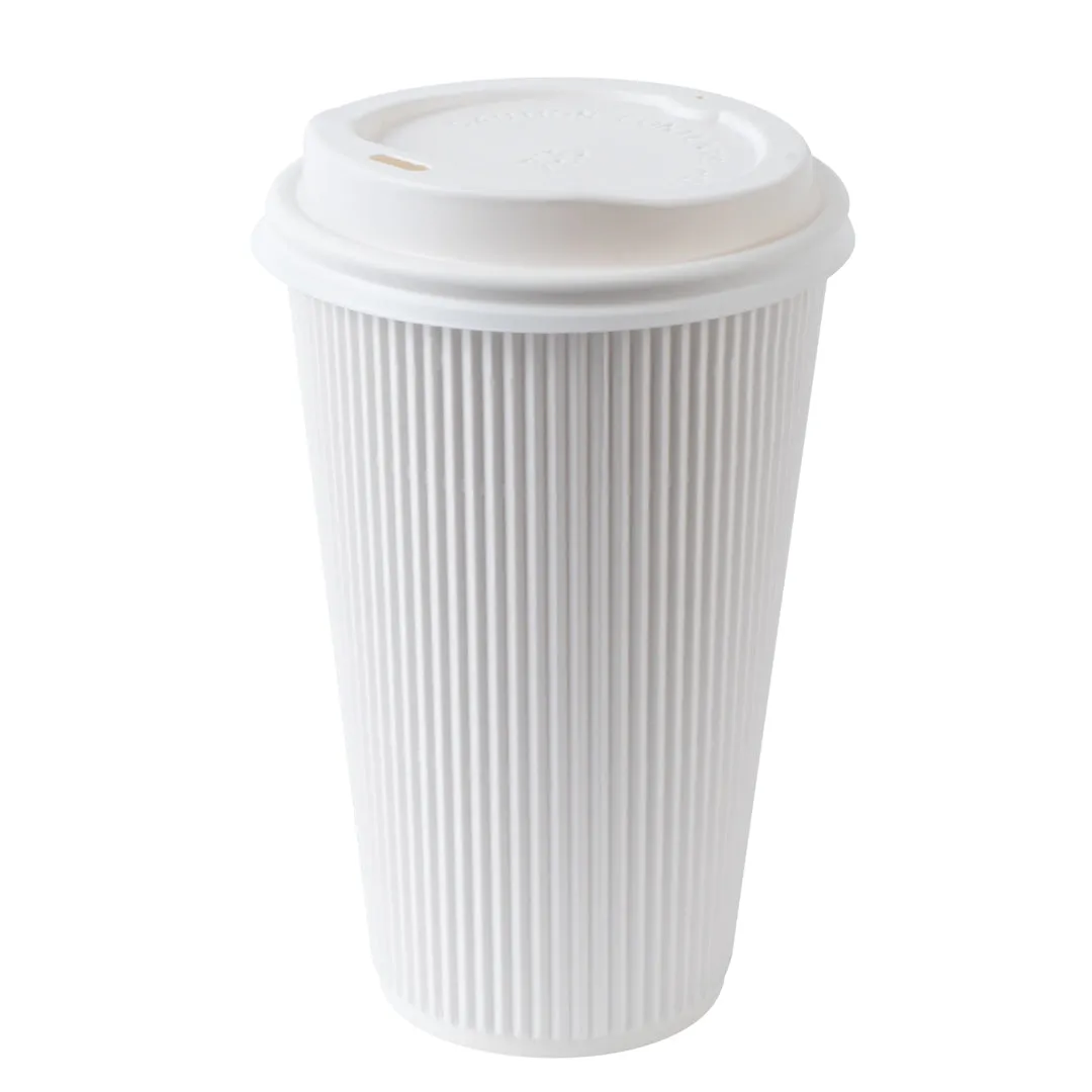 16 oz White Paper Ripple Wall Coffee Cup - with White Lid - 3 1/2" x 3 1/2" x 6 1/4" - 20 count box