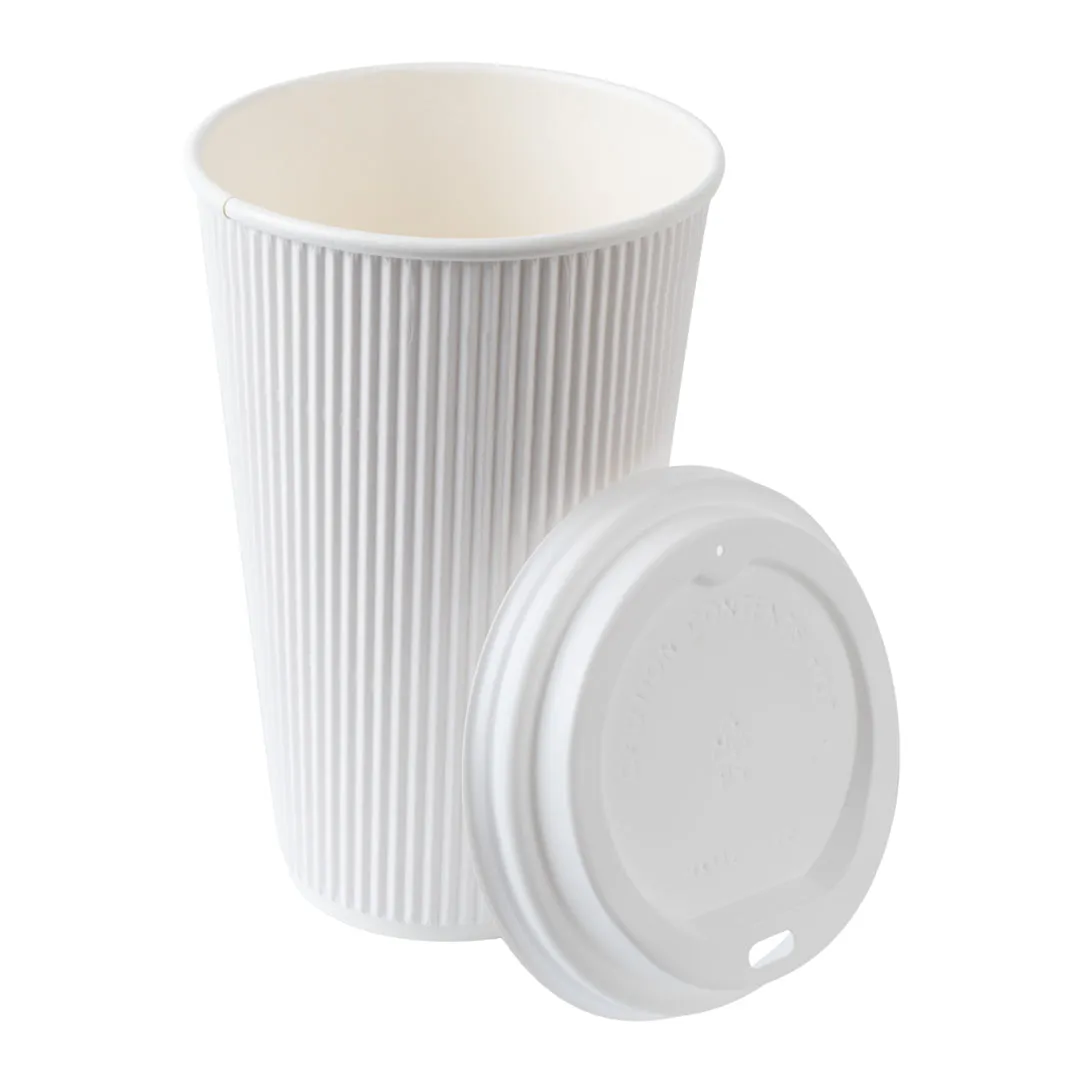 16 oz White Paper Ripple Wall Coffee Cup - with White Lid - 3 1/2" x 3 1/2" x 6 1/4" - 20 count box