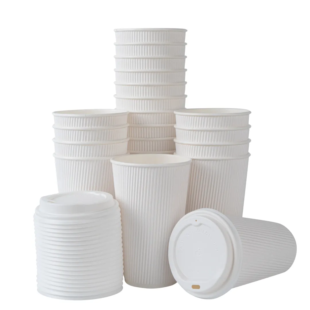 16 oz White Paper Ripple Wall Coffee Cup - with White Lid - 3 1/2" x 3 1/2" x 6 1/4" - 20 count box