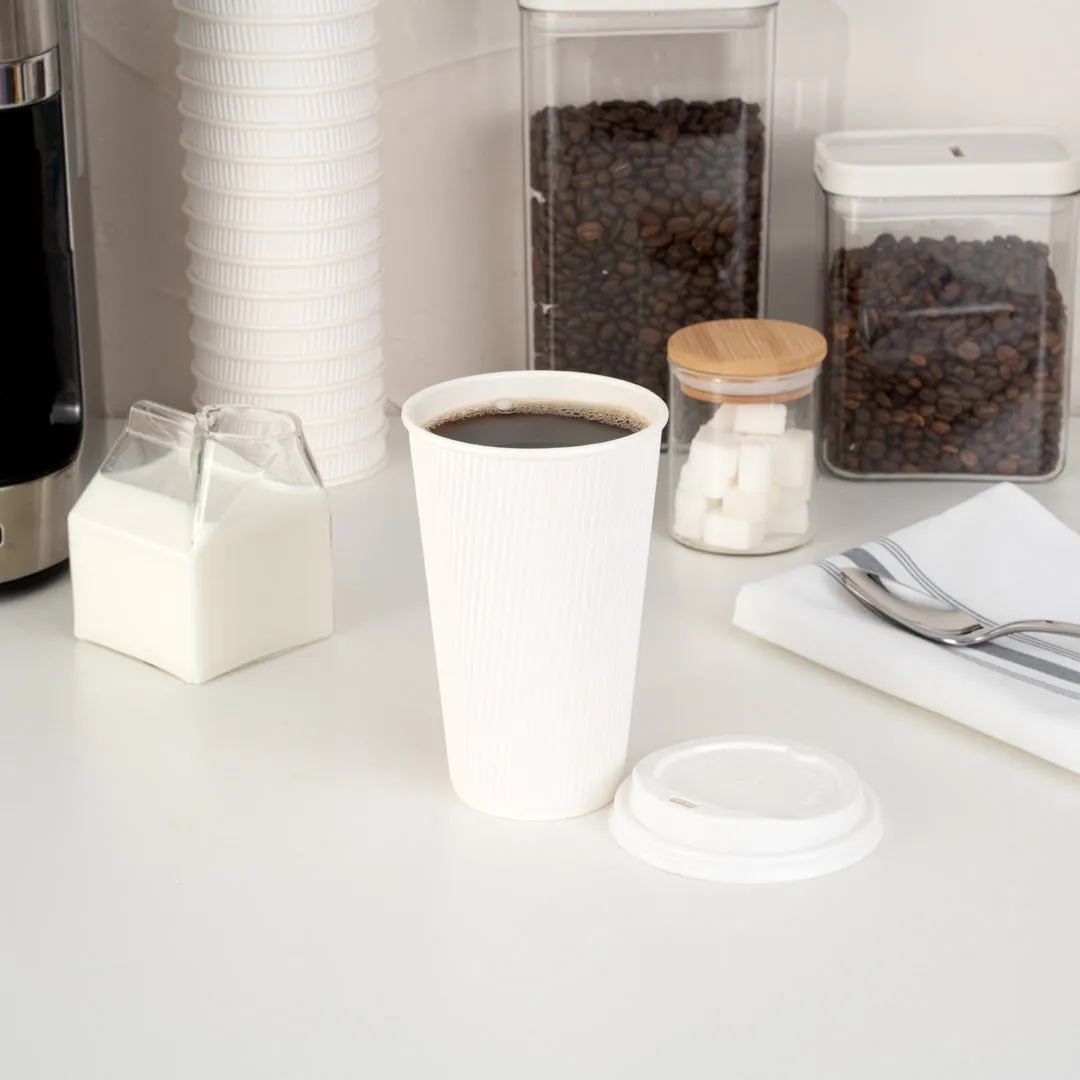 16 oz White Paper Ripple Wall Coffee Cup - with White Lid - 3 1/2" x 3 1/2" x 6 1/4" - 20 count box