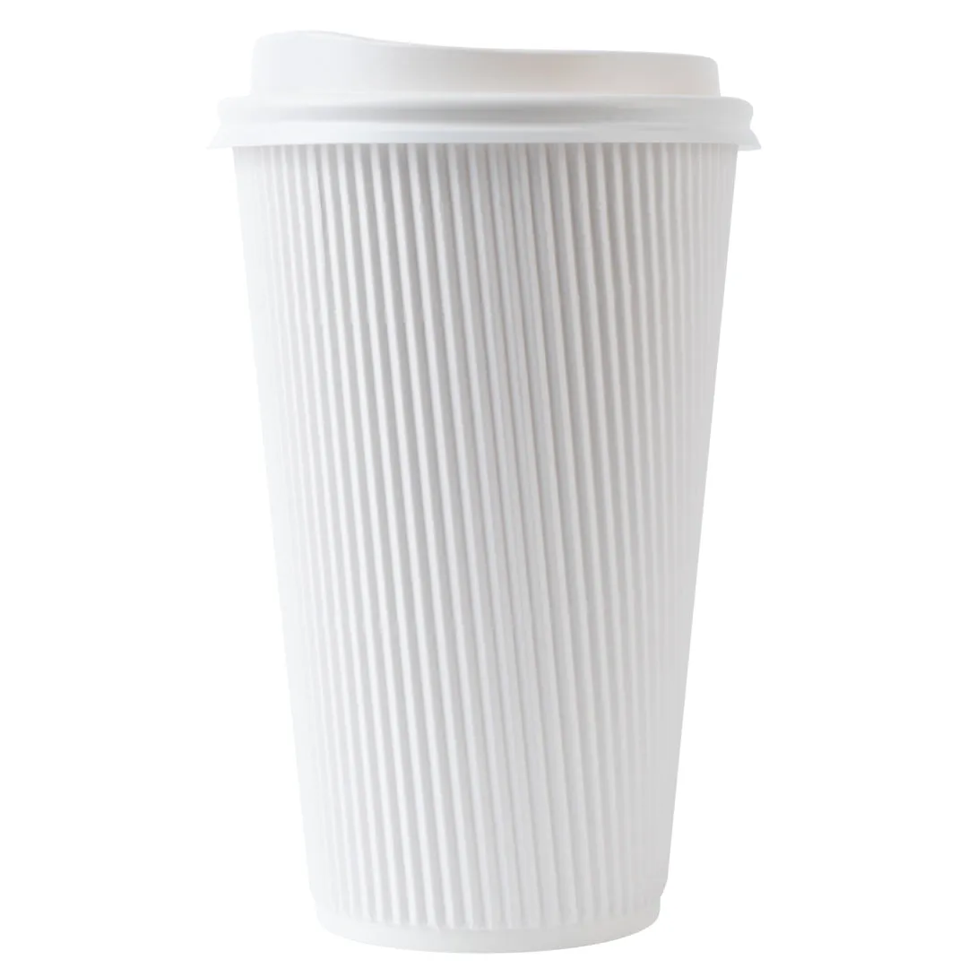 16 oz White Paper Ripple Wall Coffee Cup - with White Lid - 3 1/2" x 3 1/2" x 6 1/4" - 20 count box