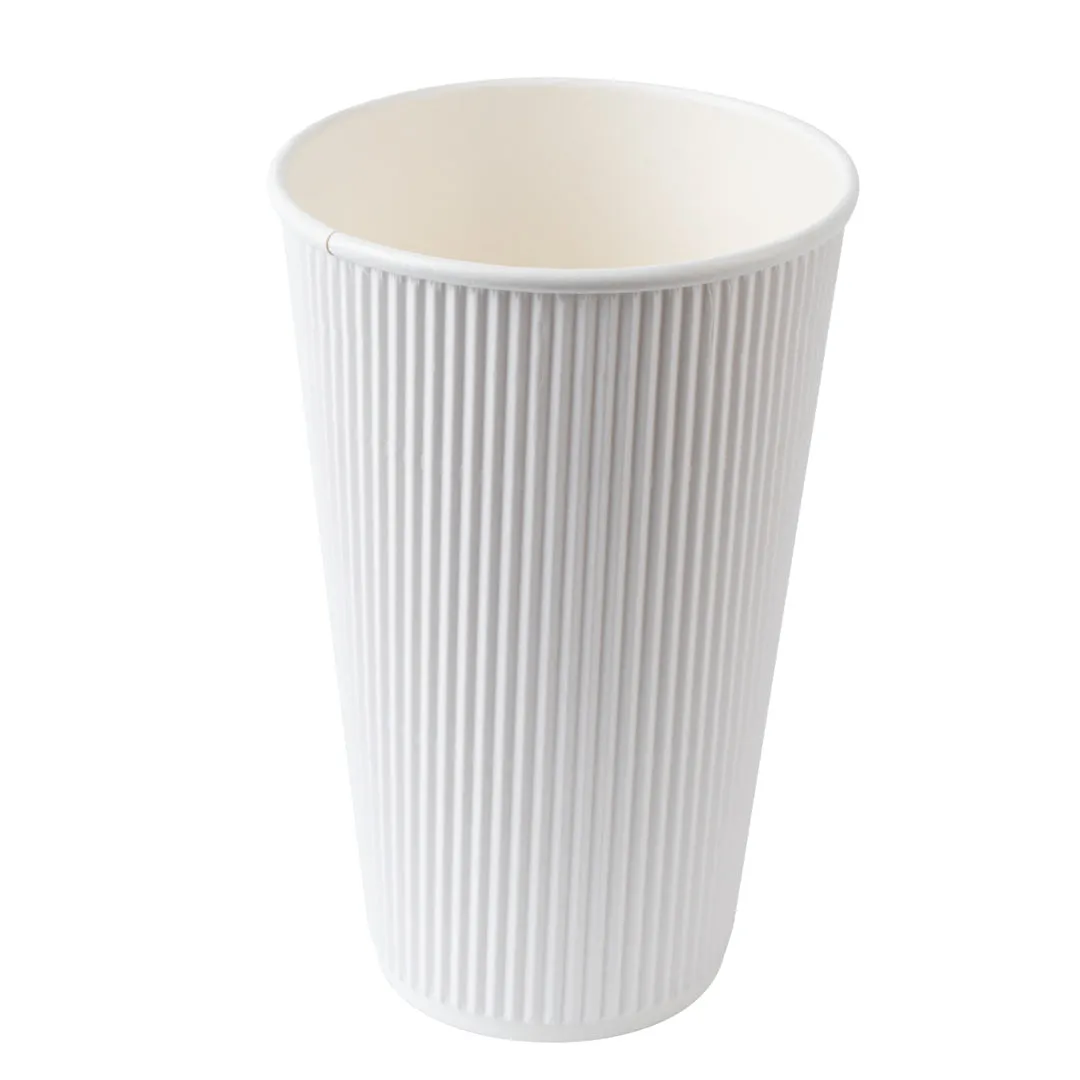 16 oz White Paper Ripple Wall Coffee Cup - with White Lid - 3 1/2" x 3 1/2" x 6 1/4" - 20 count box