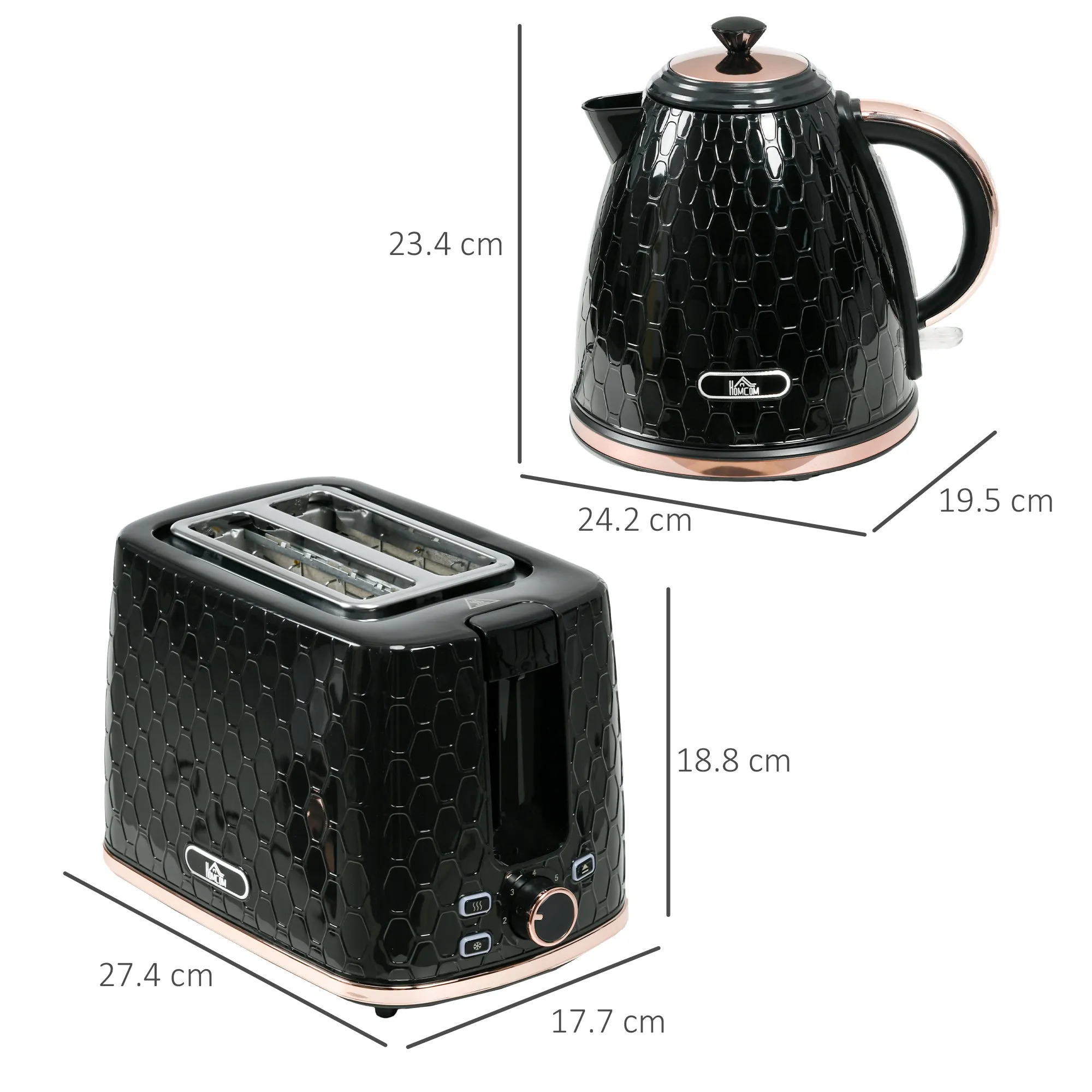 1.7L 3000W Fast Boil Kettle & 2 Slice Toaster Set, Kettle and Toaster Set with Auto Shut Off, Browning Controls, Black