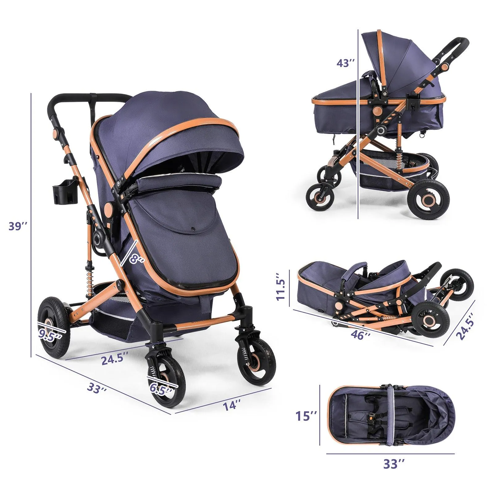 2 in 1 Baby Stroller Newborn Reversible Bassinet Pram Foldable Pushchair with Adjustable Canopy, Navy Blue