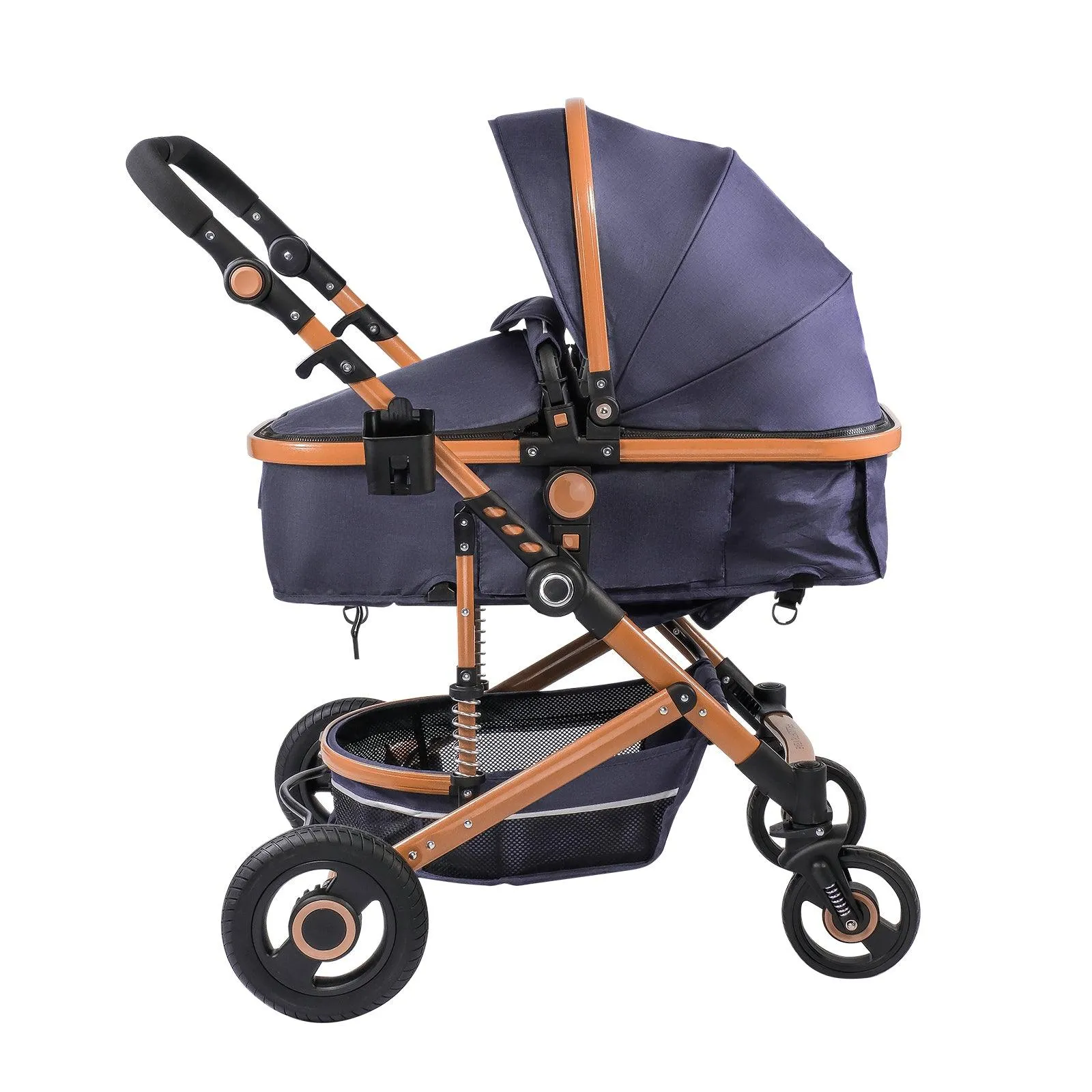 2 in 1 Baby Stroller Newborn Reversible Bassinet Pram Foldable Pushchair with Adjustable Canopy, Navy Blue