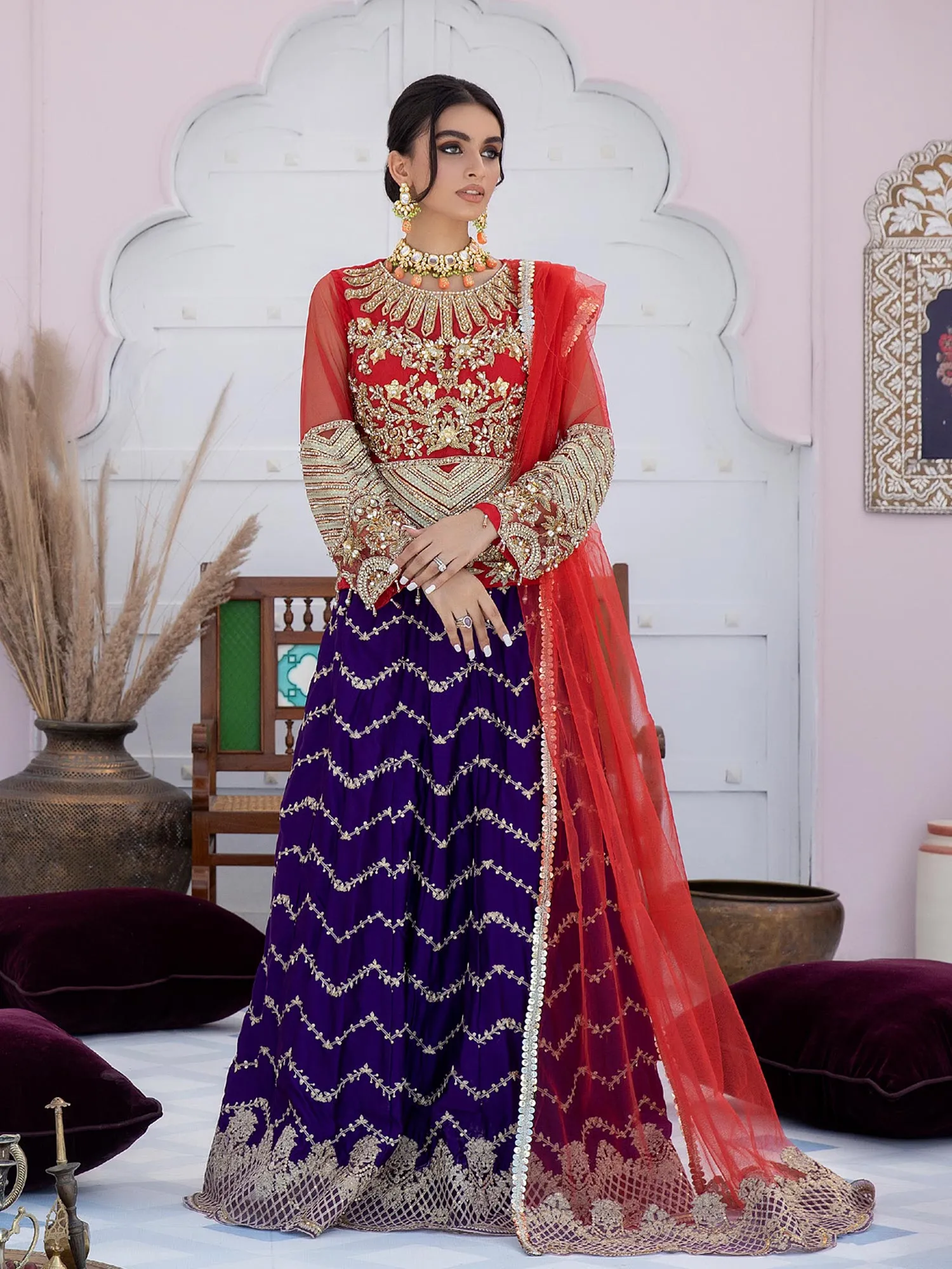 Ally's "Mehbooba" Red & Purple Net and Silk Lehnga Suit (AL-3433)