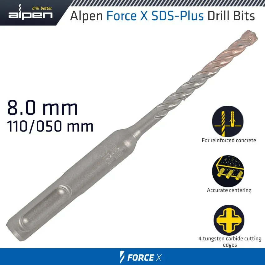 ALPEN FORCE X 8.0 x 110/050 SDS-PLUS DRILL BIT X4 CUTTING EDGES - BULK ALP762008