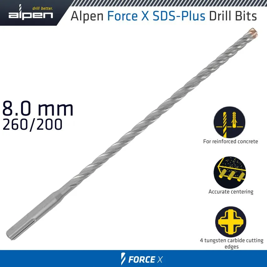 ALPEN FORCE X 8.0 x 260/200 SDS-PLUS DRILL BIT X4 CUTTING EDGES ALP835008