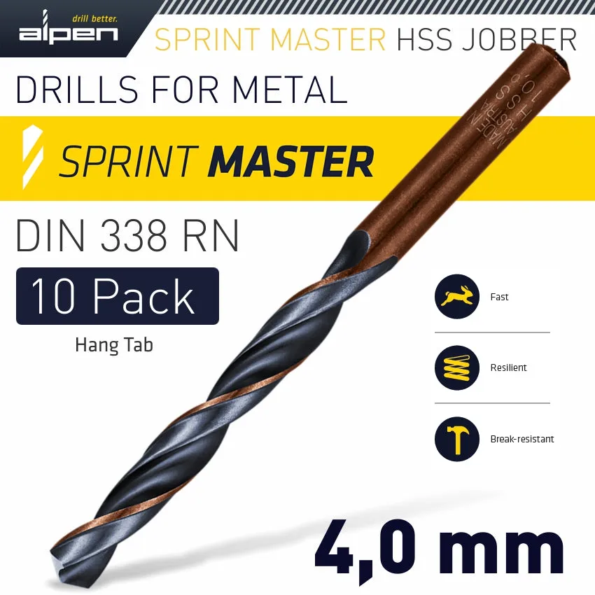 ALPEN HSS SPRINT MASTER 4.0MM 10-PACK HANG TAG DIN 338 ALPEN DRILL BITS ALP6310040