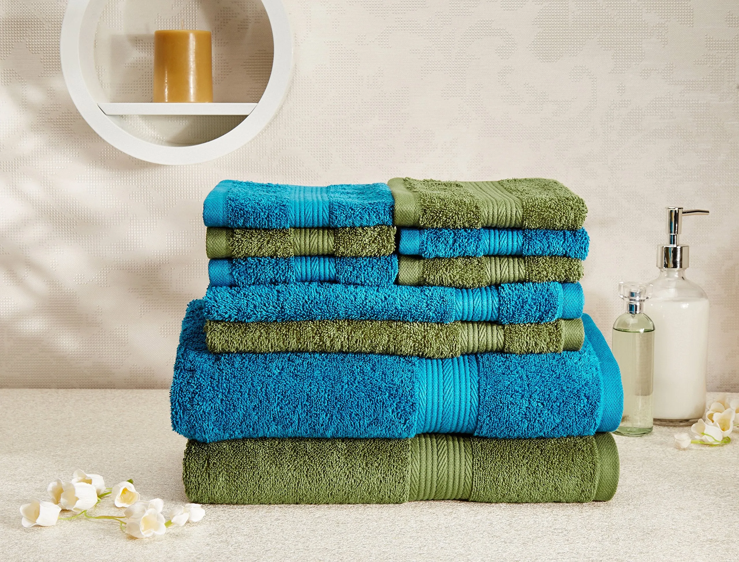 Amazon Brand - Solimo 100% Cotton 10 Piece Towel Set, 500 GSM (Olive Green and Turquoise Blue)