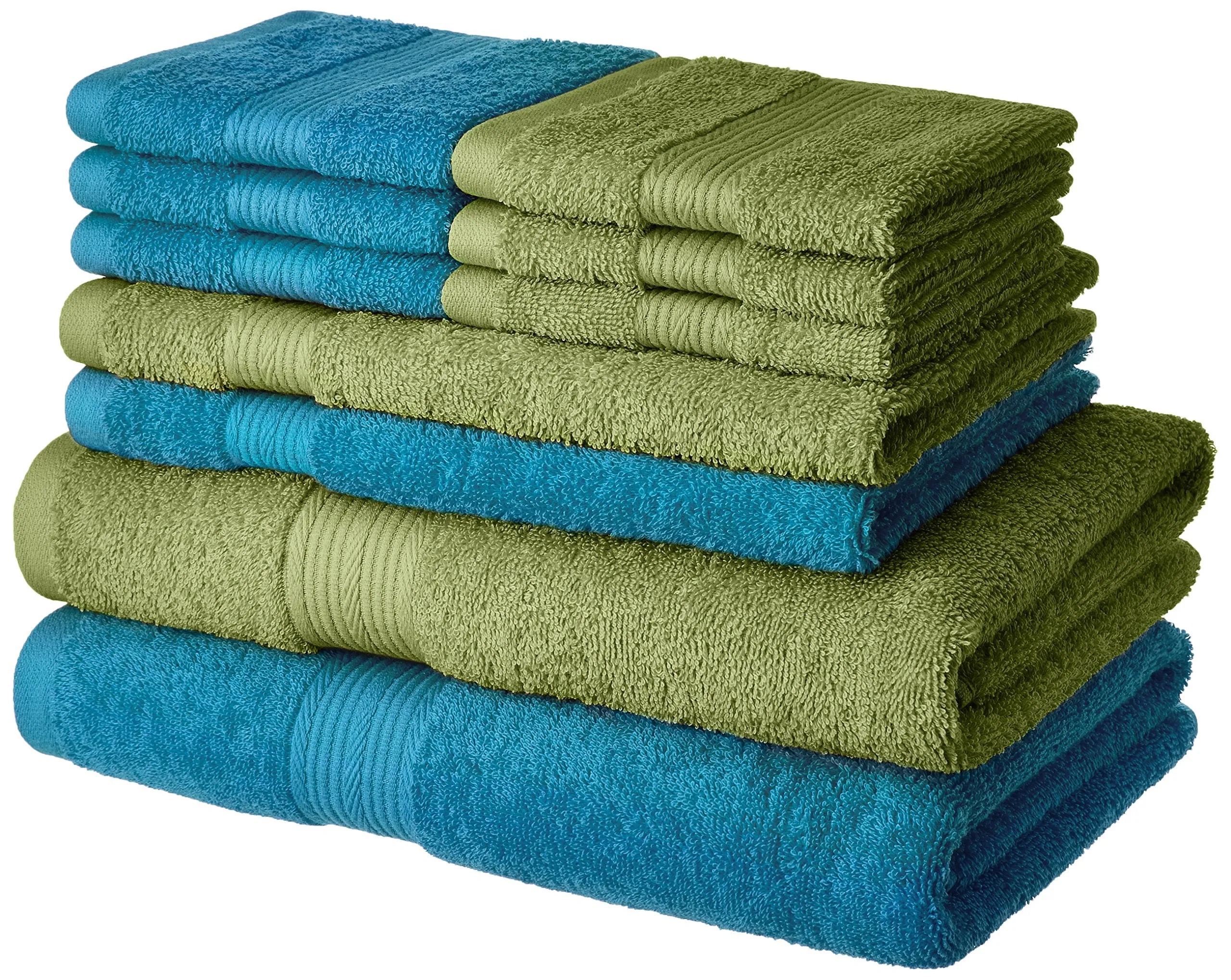 Amazon Brand - Solimo 100% Cotton 10 Piece Towel Set, 500 GSM (Olive Green and Turquoise Blue)