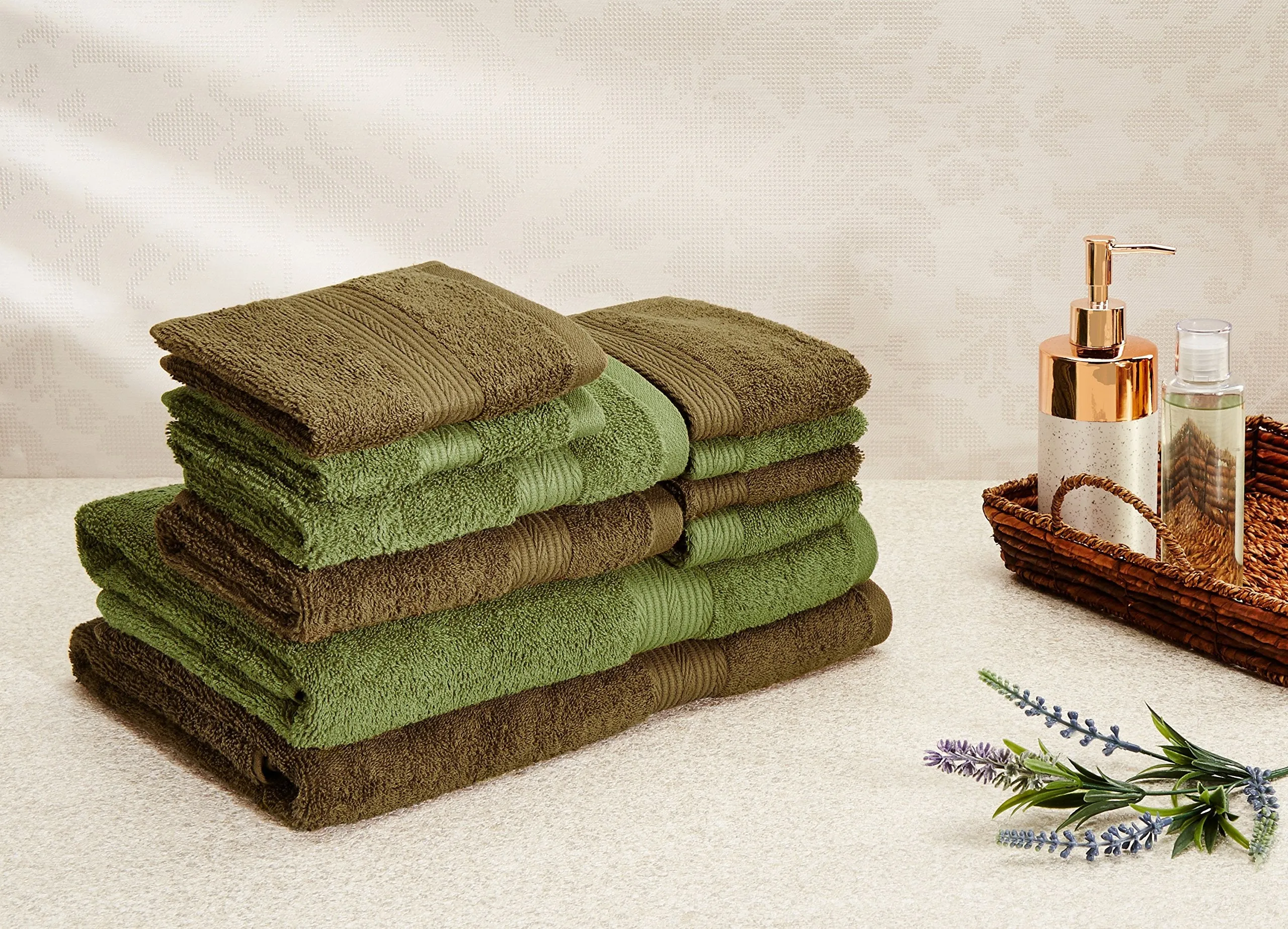 Amazon Brand - Solimo 100% Cotton 10 Piece Towel Set, 500 GSM (Sepia Brown and Olive Green)