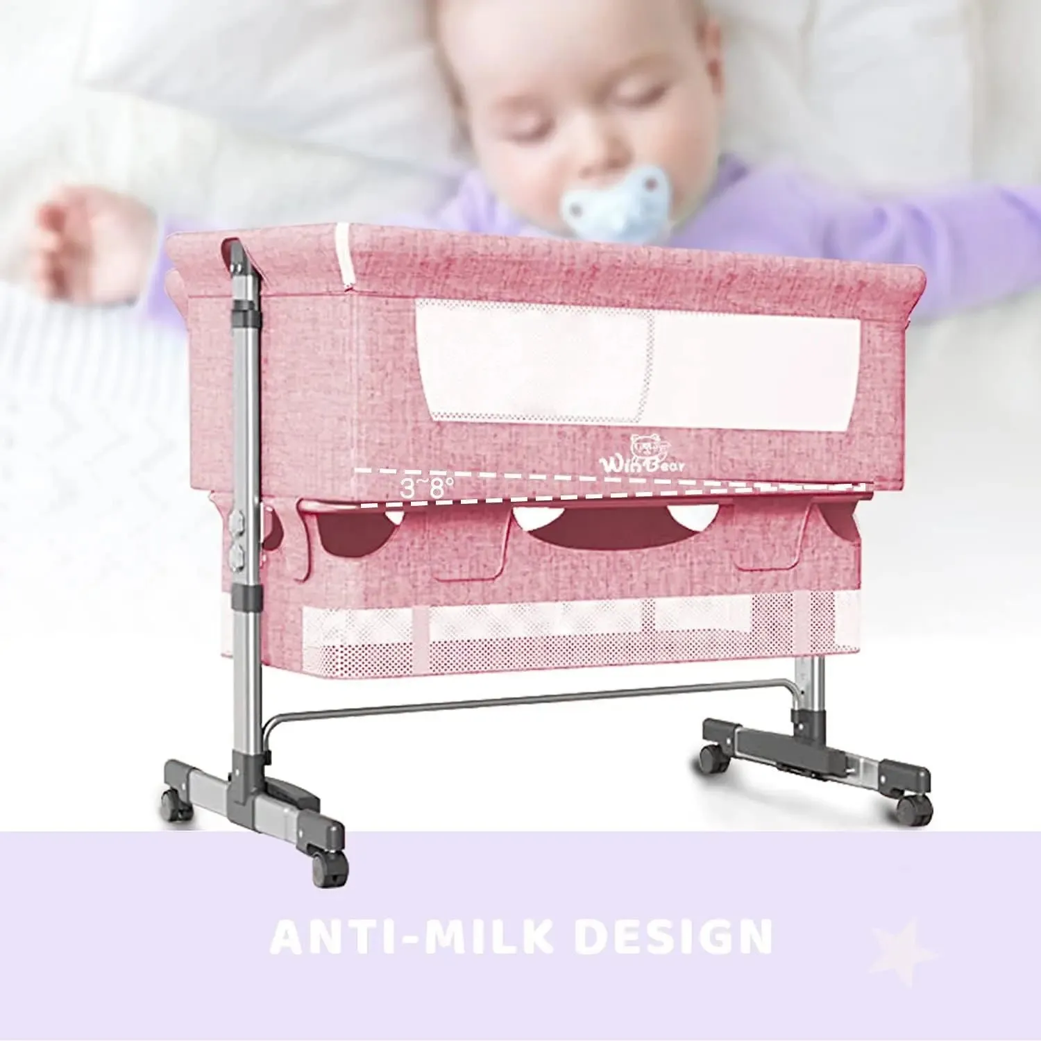 Baby 3 in 1 Bedside Crib & Portable Bed with Mosquito Nets - Pink