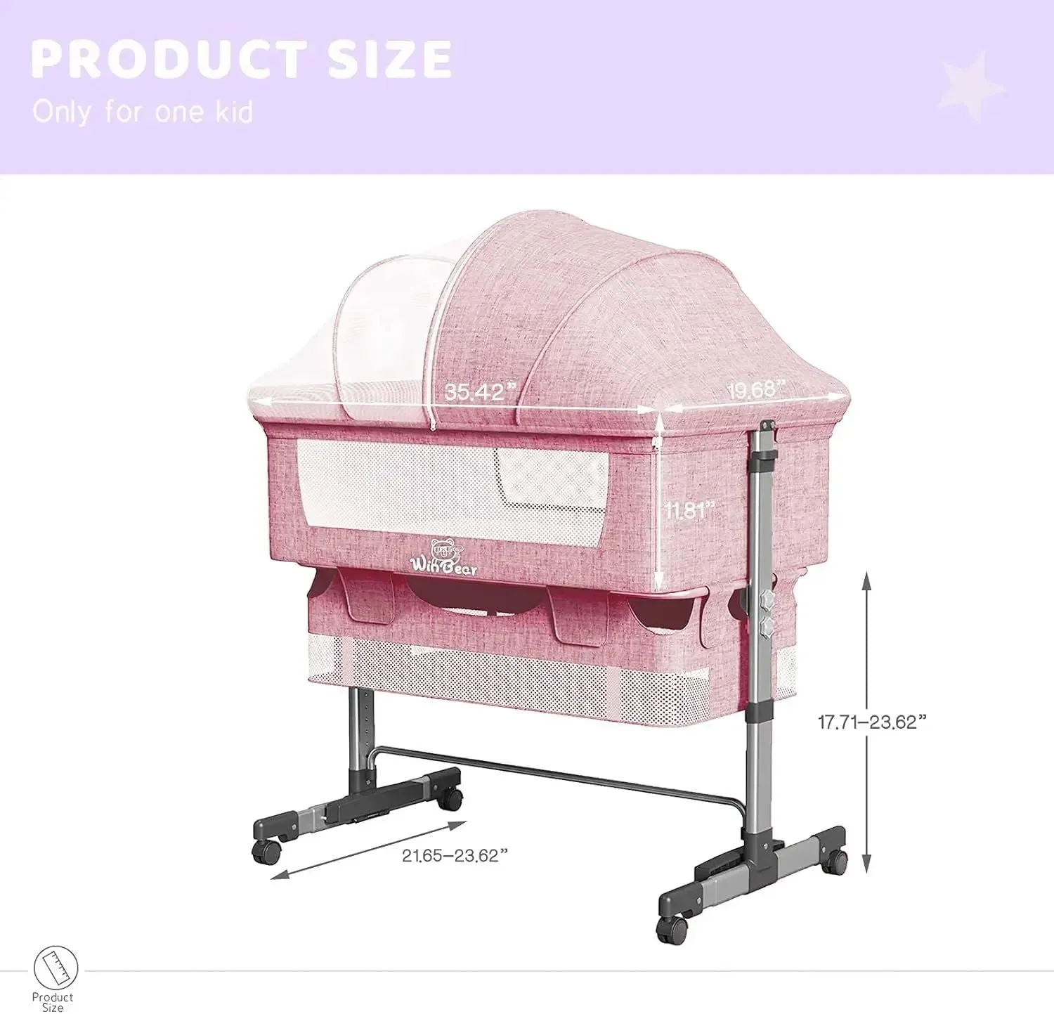 Baby 3 in 1 Bedside Crib & Portable Bed with Mosquito Nets - Pink