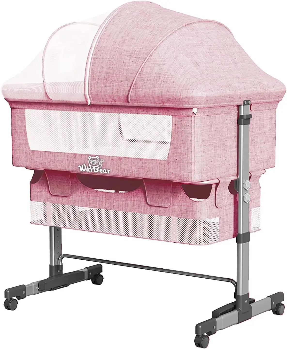 Baby 3 in 1 Bedside Crib & Portable Bed with Mosquito Nets - Pink