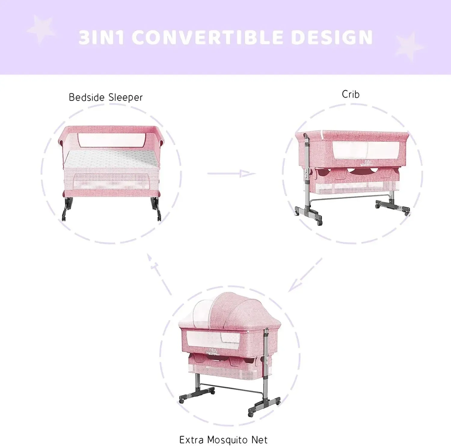 Baby 3 in 1 Bedside Crib & Portable Bed with Mosquito Nets - Pink