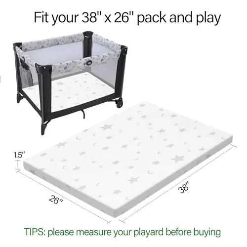 BEIANPP Pack and Play Mattress Pad 38"x26"x1.5" for Playpen and Playard, Soft Breathable Waterproof Cover, Baby Pack N Play Mattresses Topper for Play Pen and Play Yard