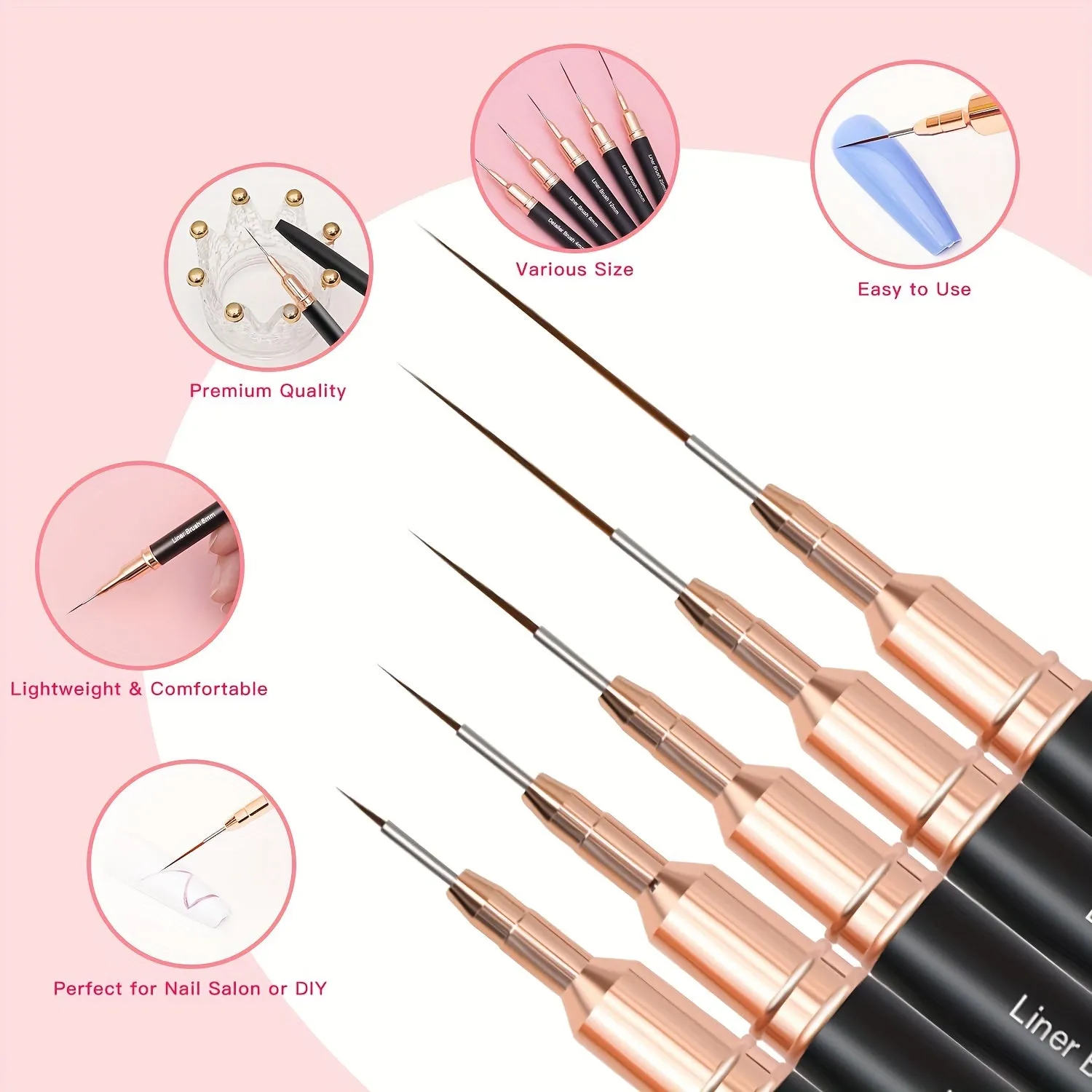 Black Nail Art Liner Set Fine Line Brushes for UV Gel Manicure