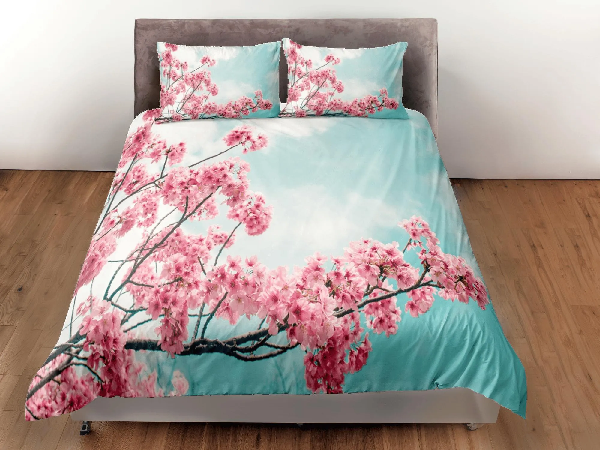 Blue sky pink cherry blossom bedding floral prints duvet cover queen, king, boho bedding designer maximalist full size bedding aesthetic