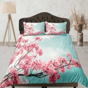 Blue sky pink cherry blossom bedding floral prints duvet cover queen, king, boho bedding designer maximalist full size bedding aesthetic