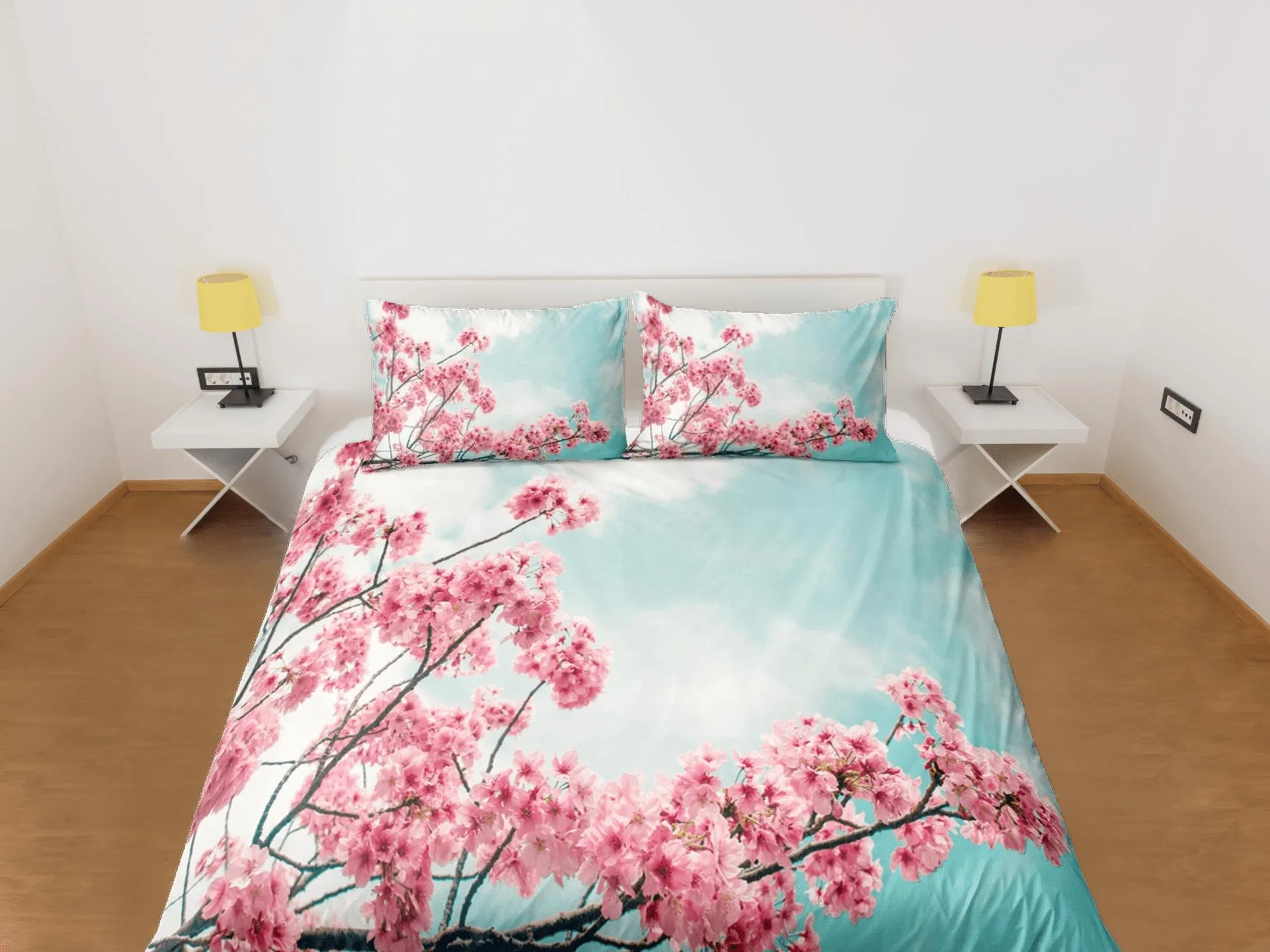 Blue sky pink cherry blossom bedding floral prints duvet cover queen, king, boho bedding designer maximalist full size bedding aesthetic