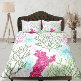 Boho dainty corals coastal grandma duvet cover nautical bedding set full queen king, aesthetic beach room decor, ocean lover gift seaman