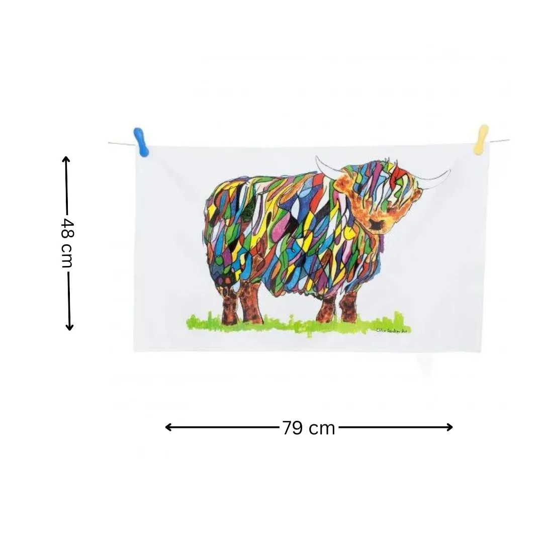 BRIGHT HIGHLAND COW TEA TOWEL ON WHITE