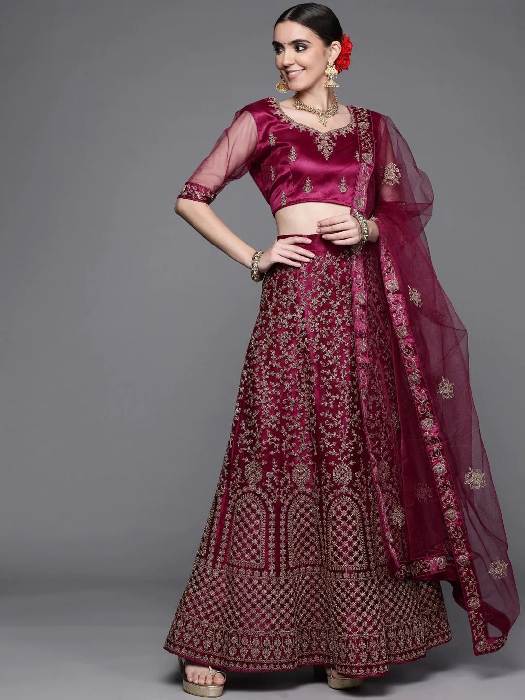 Burgundy & Gold-Toned Embroidered Semi-Stitched Lehenga & Unstitched Blouse With Dupatta