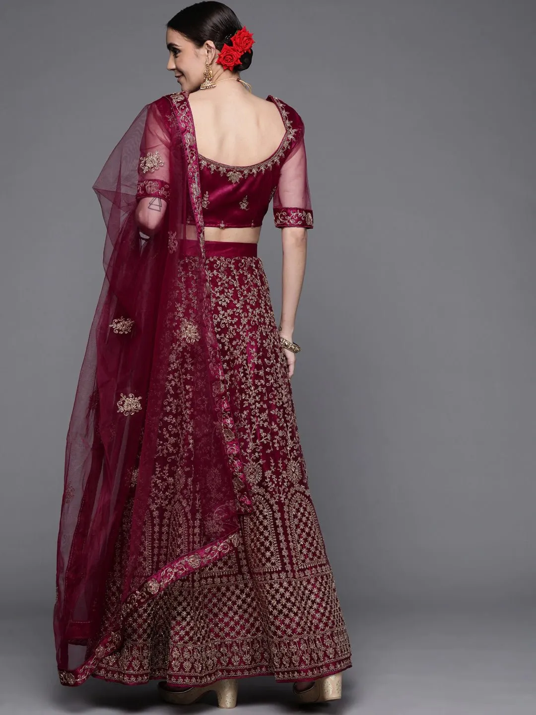 Burgundy & Gold-Toned Embroidered Semi-Stitched Lehenga & Unstitched Blouse With Dupatta