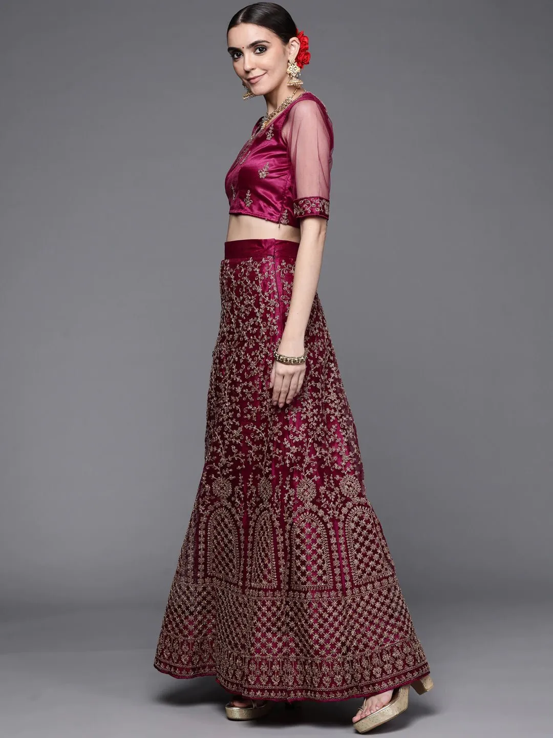 Burgundy & Gold-Toned Embroidered Semi-Stitched Lehenga & Unstitched Blouse With Dupatta