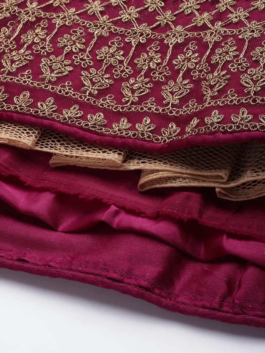 Burgundy & Gold-Toned Embroidered Semi-Stitched Lehenga & Unstitched Blouse With Dupatta