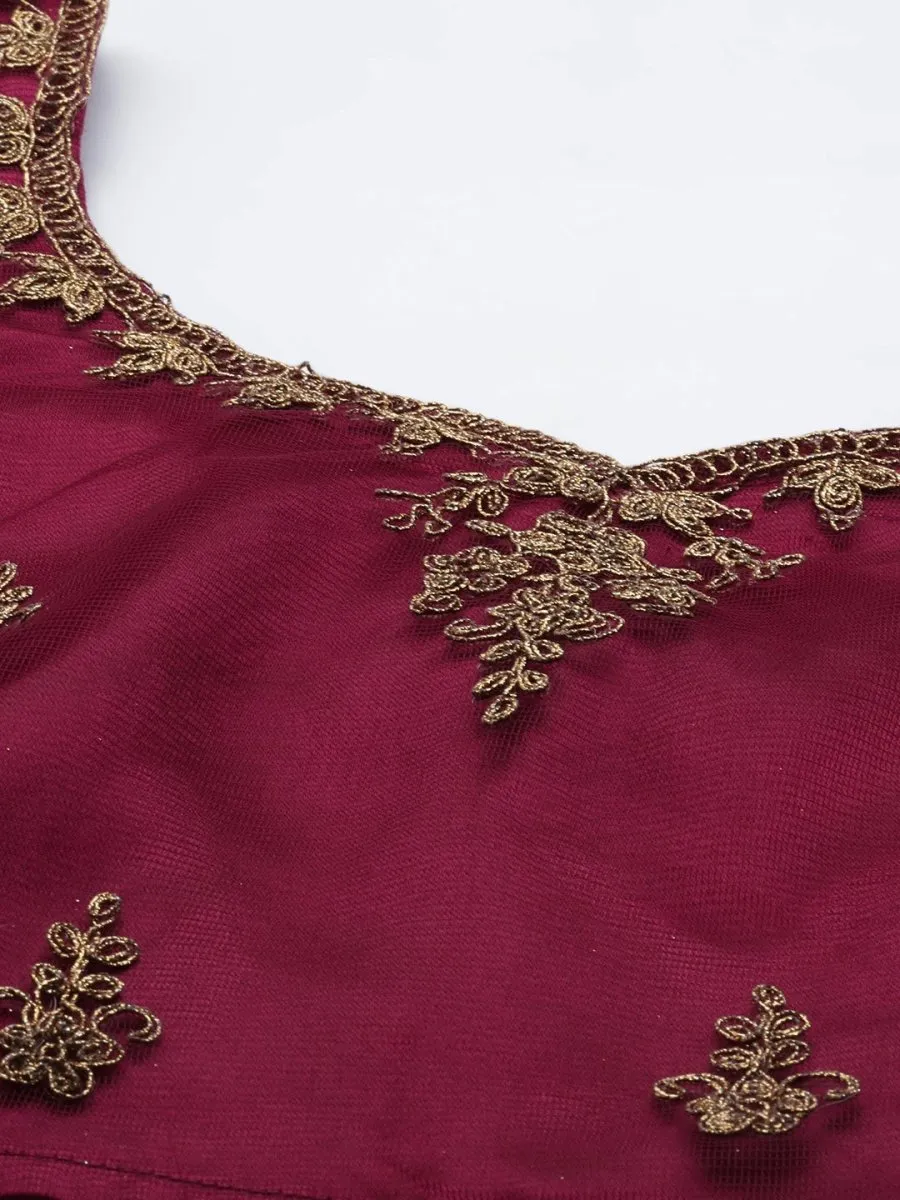 Burgundy & Gold-Toned Embroidered Semi-Stitched Lehenga & Unstitched Blouse With Dupatta