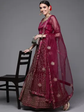 Burgundy & Gold-Toned Embroidered Semi-Stitched Lehenga & Unstitched Blouse With Dupatta