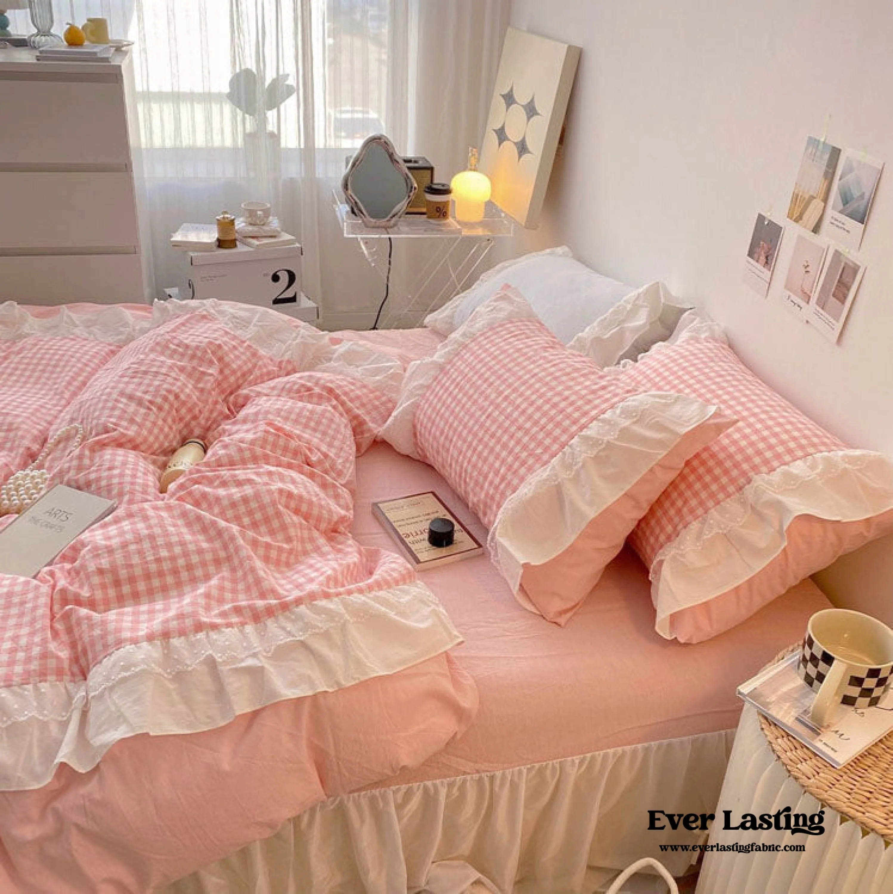 Candy Lace Gingham Ruffle Bedding Set / Pink