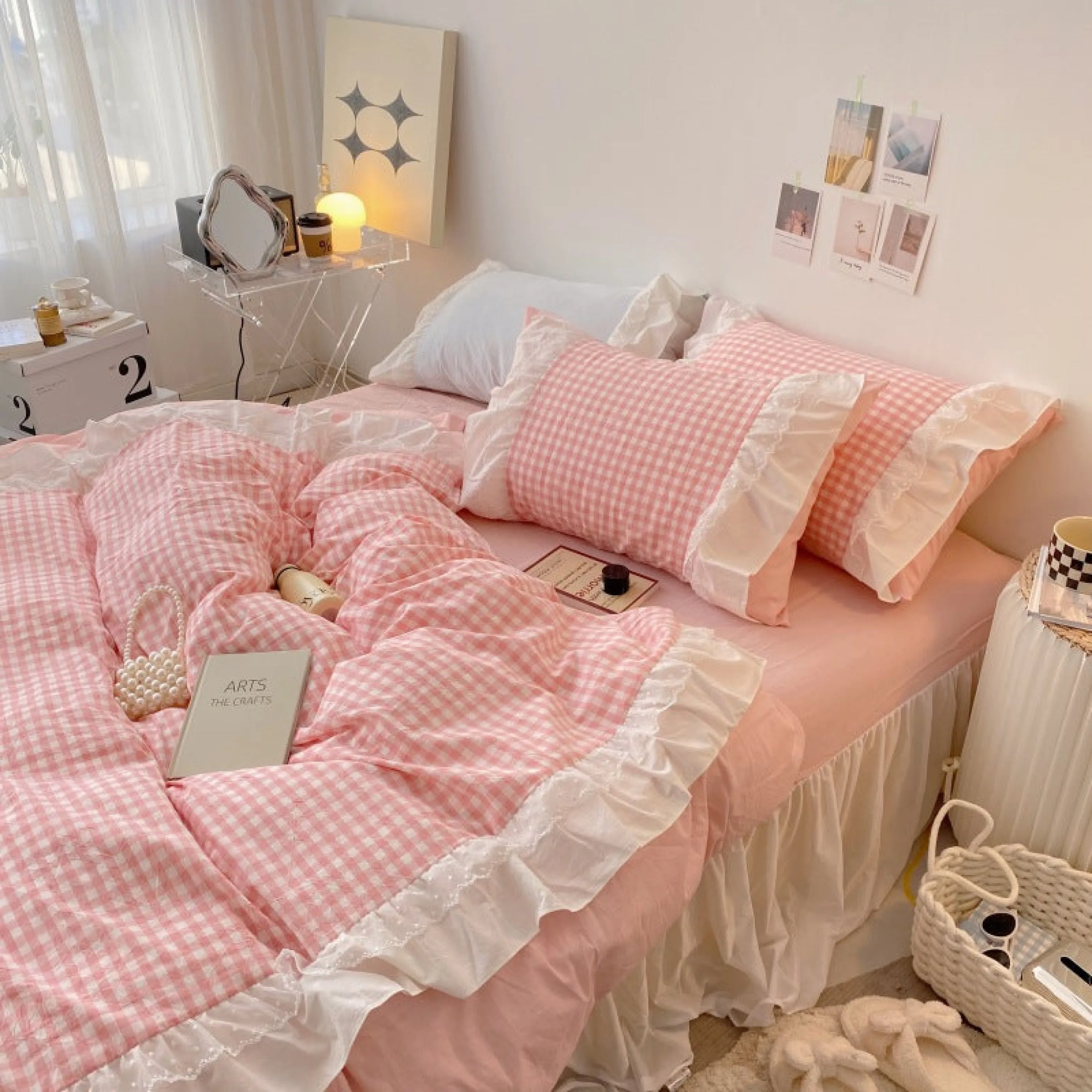 Candy Lace Gingham Ruffle Bedding Set / Pink