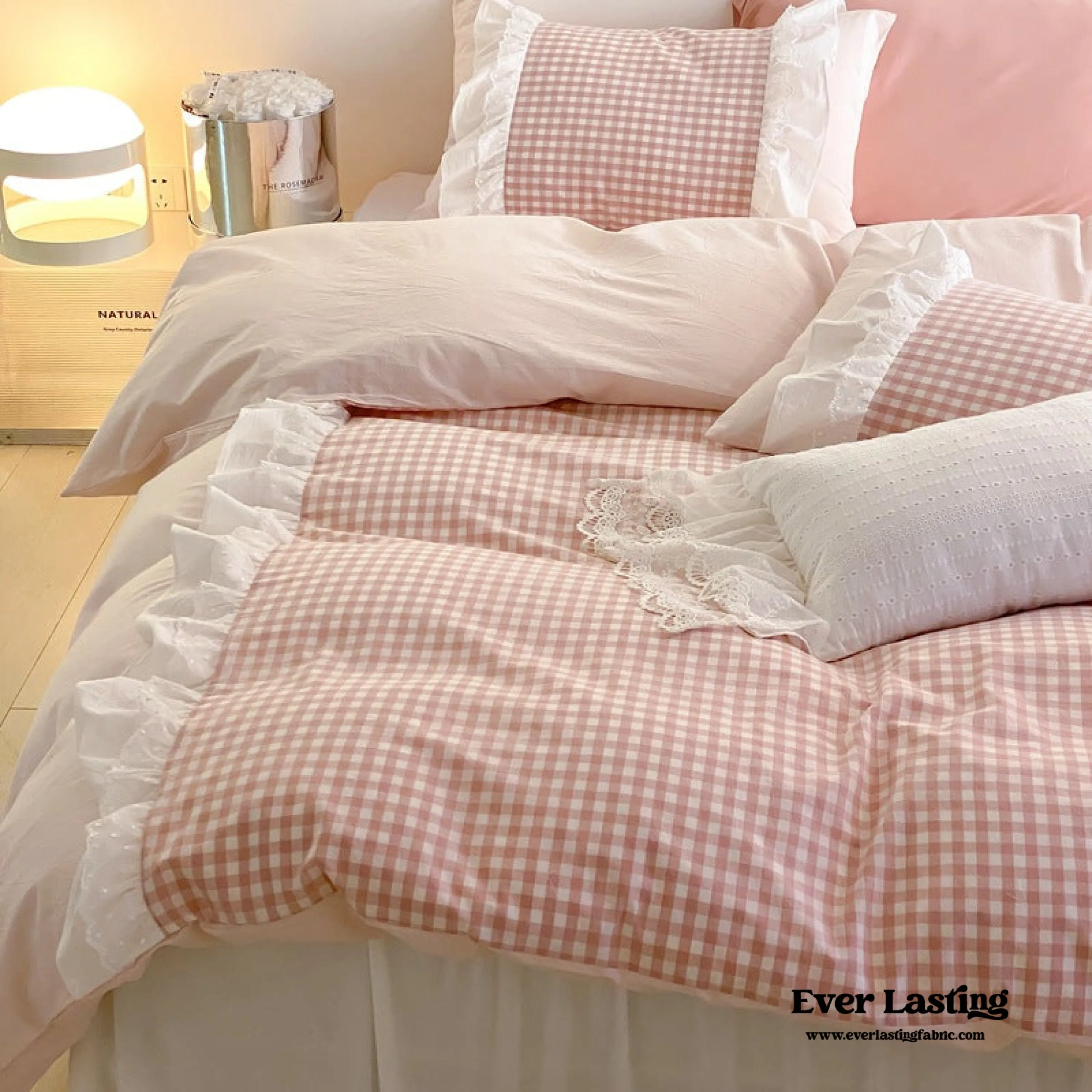 Candy Lace Gingham Ruffle Bedding Set / Pink