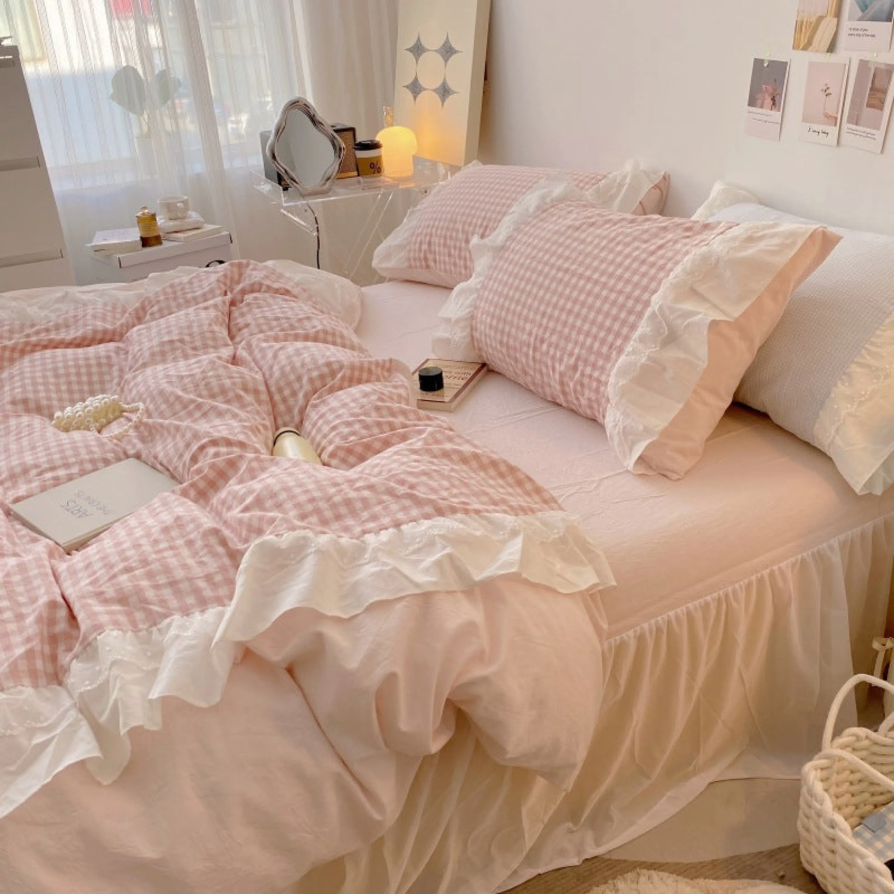 Candy Lace Gingham Ruffle Bedding Set / Pink