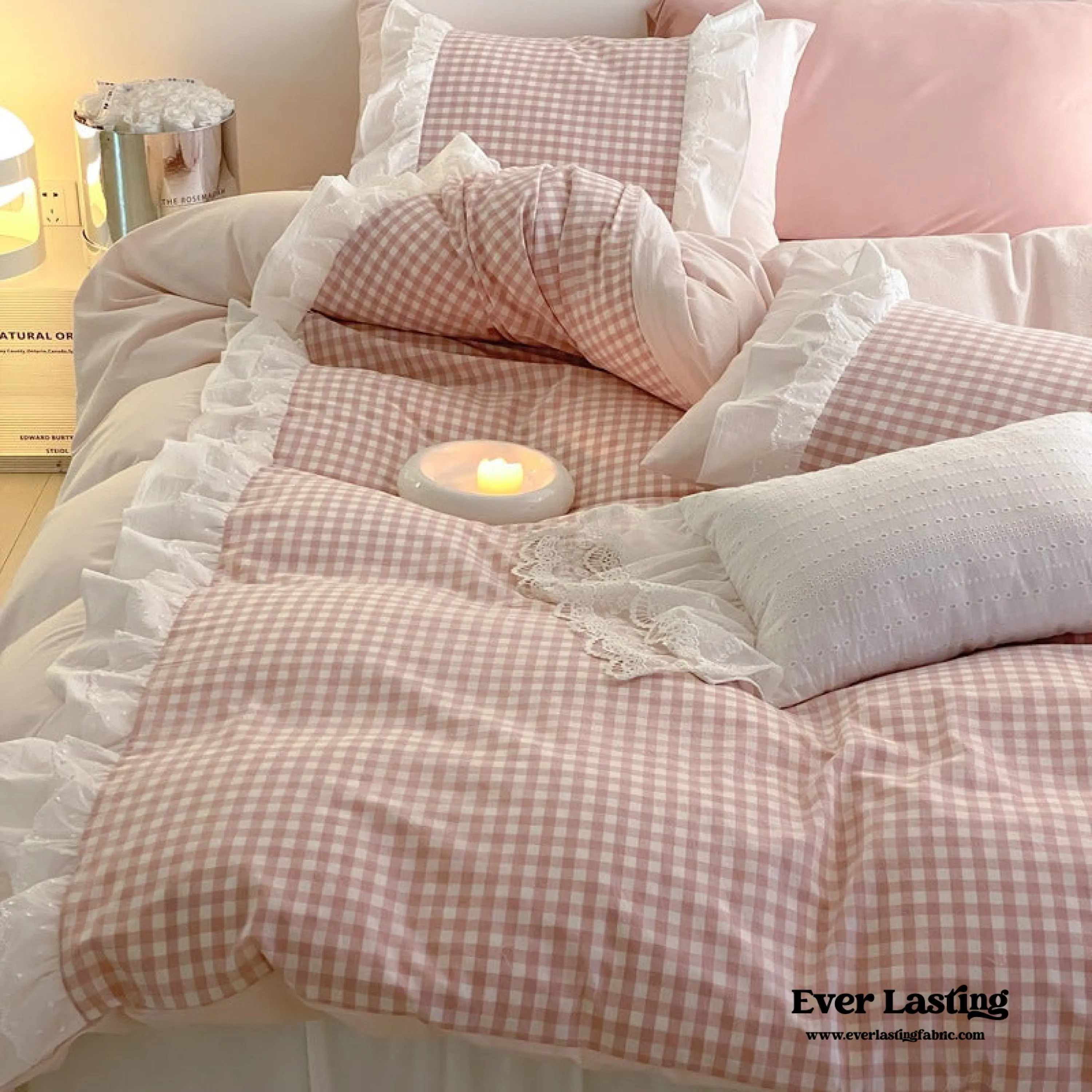 Candy Lace Gingham Ruffle Bedding Set / Pink