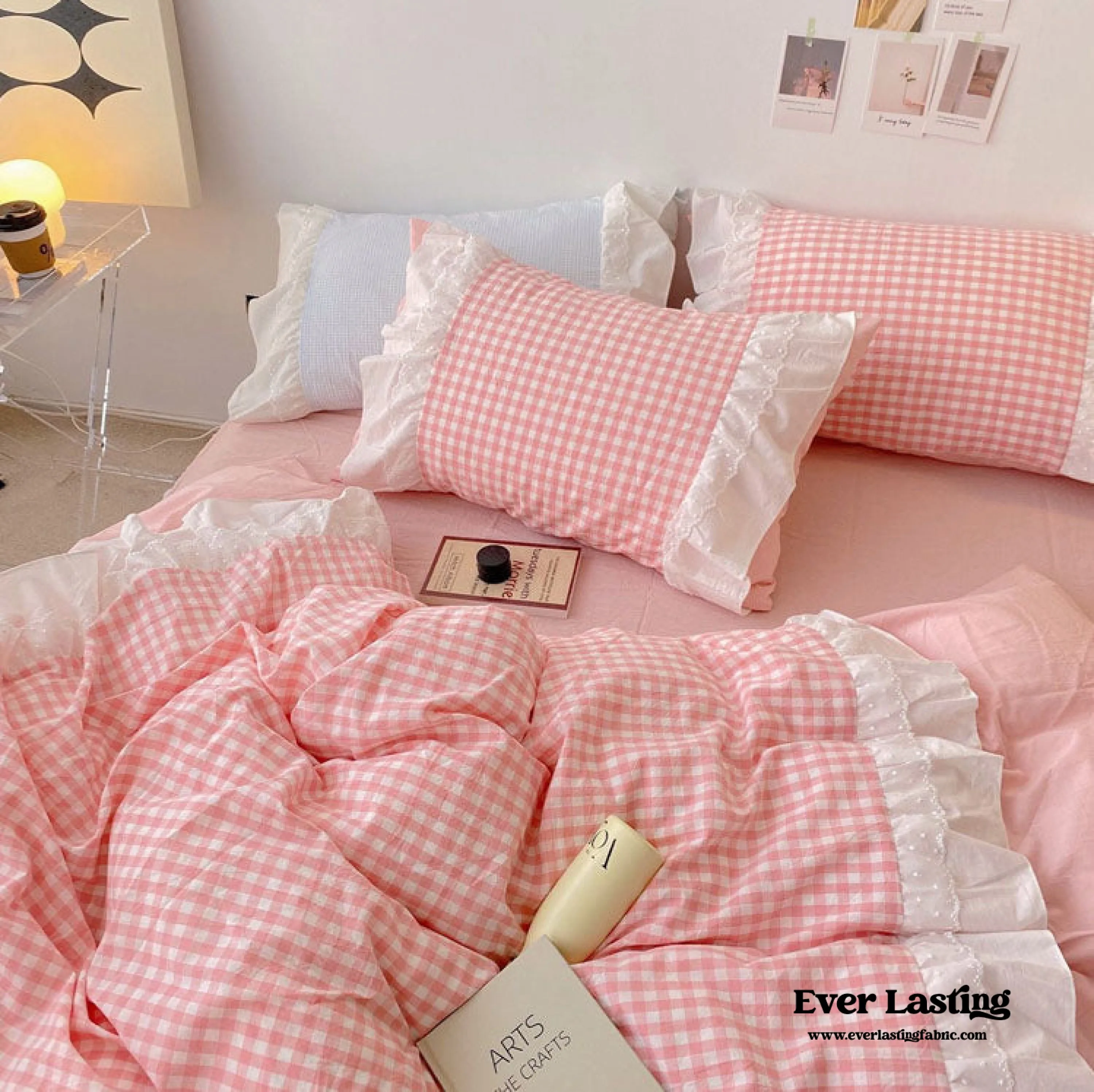 Candy Lace Gingham Ruffle Bedding Set / Pink