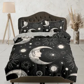 Celestial black crescent moon bedding, witchy decor dorm bedding, aesthetic duvet, boho bedding set full king queen, astrology gift gothic