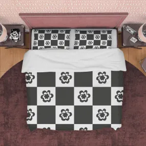 Checkered Floral Blanket Cover Black and White Duvet Cover Set, Retro Printed Bedding Set, 90s Nostalgia Quilt Cover, Groovy Bedspread