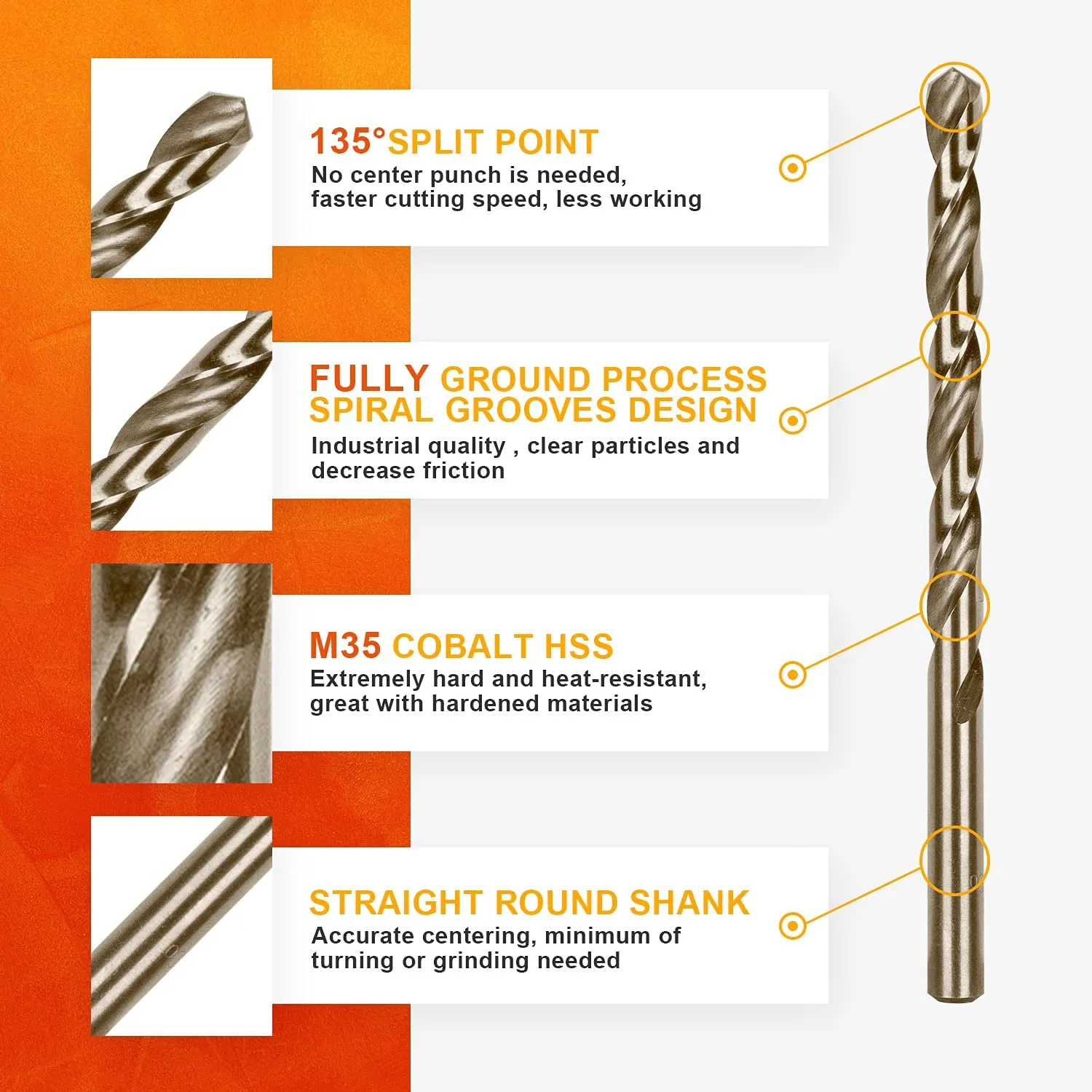 Cobalt Twist Drill Bits, High Speed Steel, for Hard Metal, Stainless Steel