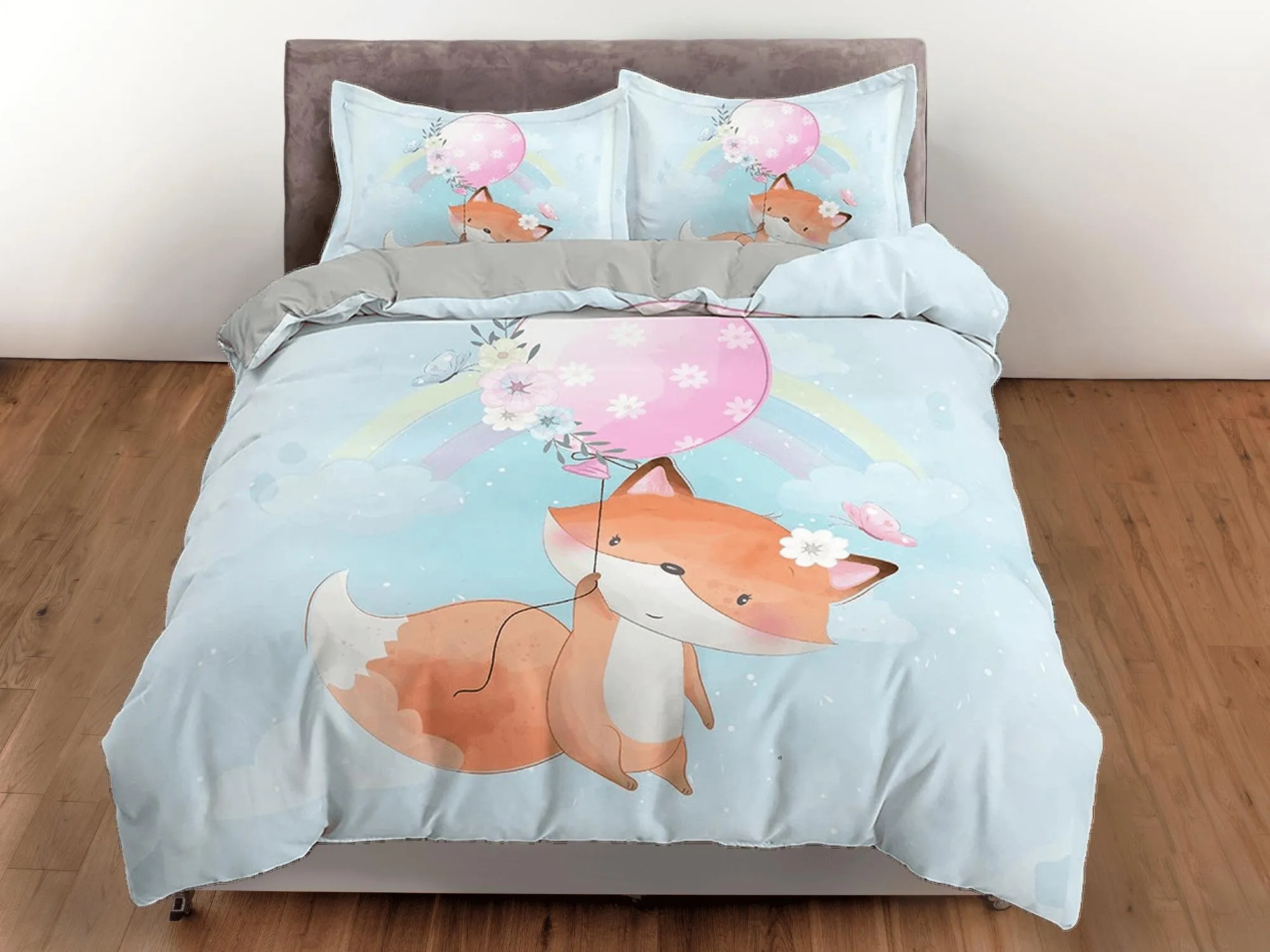 Cute Fox Holding a Pink Balloon Bedding, Duvet Cover Set, Zipper Bedding, Dorm Bedding, Teens Adult Duvet King Queen Full Twin Single